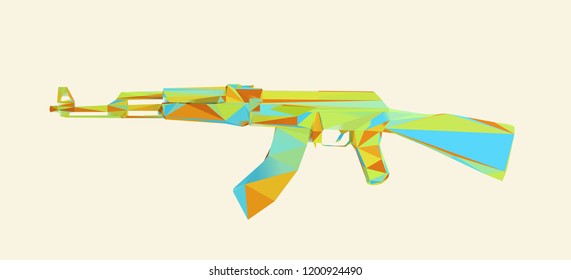Colorful Submachine Kalashnikov or AK47 Vector Illustration Low Poly 3D Rendering