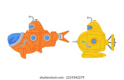 Colorful Submarine Watercraft with Porthole Swimming Underwater Vector Set