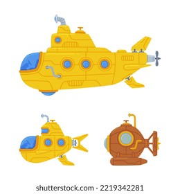 Colorful Submarine Watercraft with Porthole Swimming Underwater Vector Set