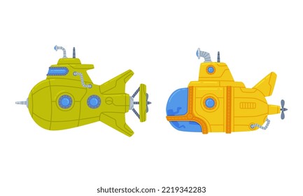 Colorful Submarine Watercraft with Porthole Swimming Underwater Vector Set