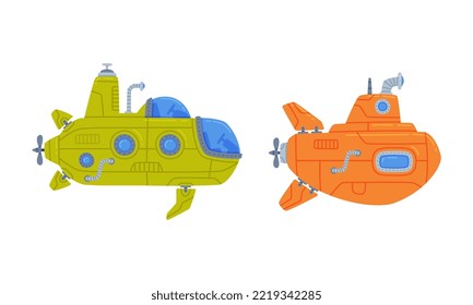 Colorful Submarine Watercraft with Porthole Swimming Underwater Vector Set