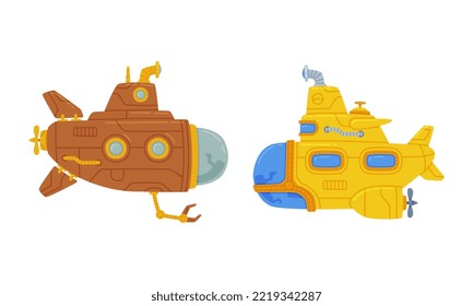 Colorful Submarine Watercraft with Porthole Swimming Underwater Vector Set