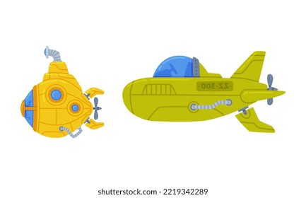 Colorful Submarine Watercraft with Porthole Swimming Underwater Vector Set