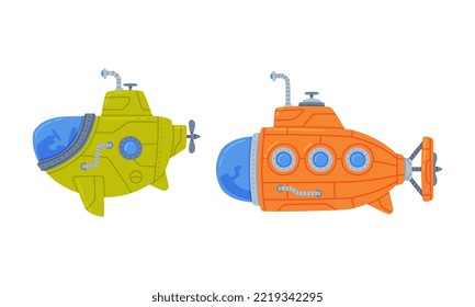 Colorful Submarine Watercraft with Porthole Swimming Underwater Vector Set