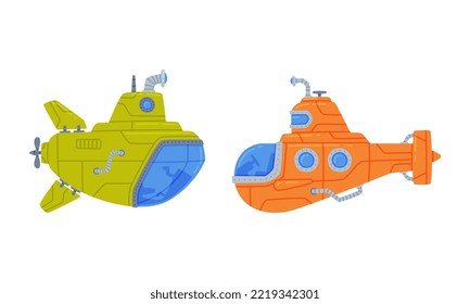 Colorful Submarine Watercraft with Porthole Swimming Underwater Vector Set