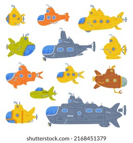 Colorful Submarine Watercraft Swimming Underwater Vector Set