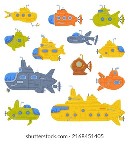 Colorful Submarine Watercraft Swimming Underwater Vector Set