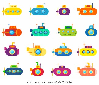 Colorful submarines  icons set, vector illustration. 