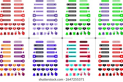 S’abonner Ensemble d'icônes de Boutons et de Moyennes sociales colorées - Kit d'interface utilisateur d'Image vectorielle avec des notifications, des mentions J'aime et des commentaires