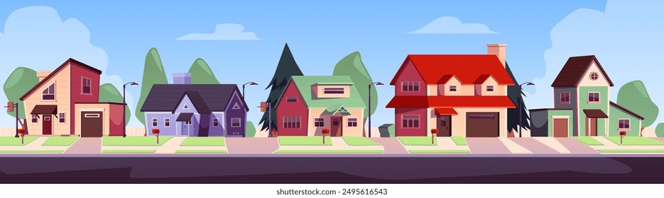 Coloridas casas suburbanas con diferentes estilos arquitectónicos en un barrio tranquilo. Ilustración vectorial de casas con césped, buzones y farolas