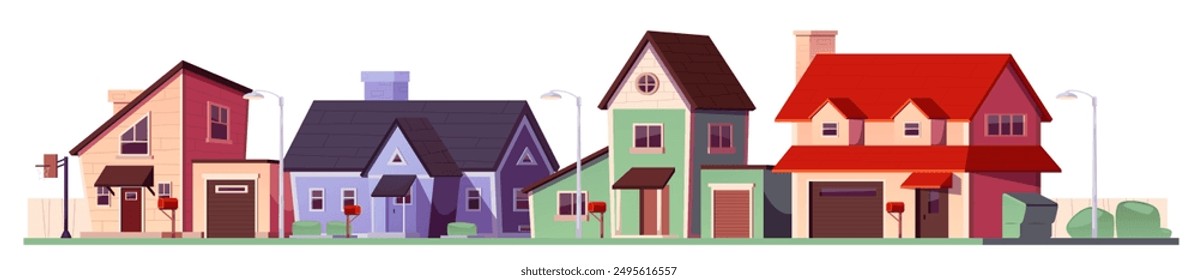 Colorida Ilustración vectorial de barrio suburbano con un conjunto de cinco casas diversas. Cada casa tiene una arquitectura única con varios estilos de techos, garajes y buzones