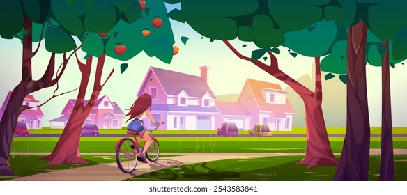 Colorful suburban scene with girl cycling on path beneath green apple trees under warm sun light. Cartoon modern countryside houses with cars parked outside. Tranquil residential neighborhood area.