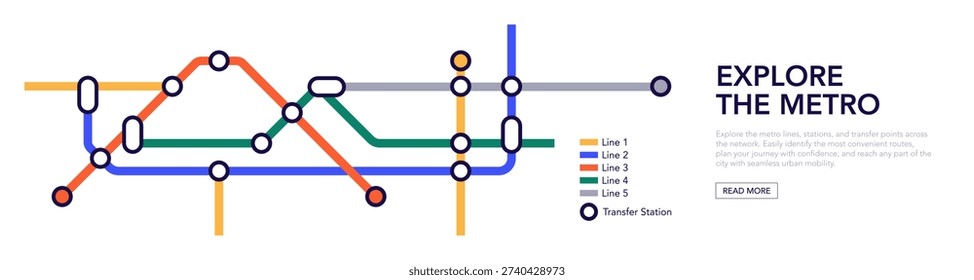 Colorful subway network map with interconnected metro lines and station routes, fictional underground transit layout showing paths, transfers and city rail structure flat vector illustration.
