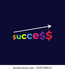 Colorful success text with white arrow. Business graph growing with success isolated in blue background.