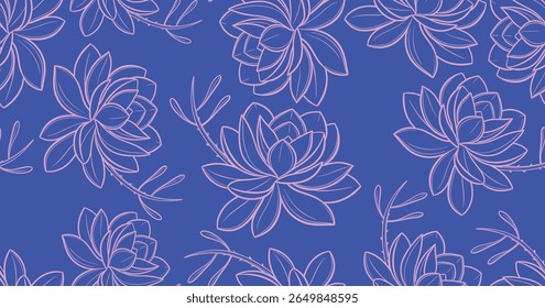 Colorful succulent flower seamless pattern on white background, ideal for botanical wallpapers, spring fabrics, eco packaging, wedding stationery, and modern floral surface design.