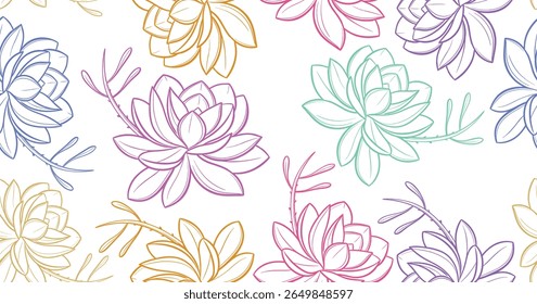 Colorful succulent flower seamless pattern on white background, ideal for botanical wallpapers, spring fabrics, eco packaging, wedding stationery, and modern floral surface design.
