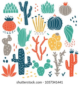 Colorful succulents and cacti plants. Vector set with  hand drawn doodle cartoon cactus