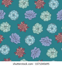 Colorful succulents seamless pattern on a green background
