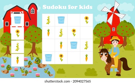 Colorful sudoku game for kids with farmer and horse, pond with ducks, barn and farm objects in cartoon style