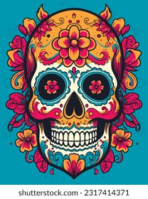 colorful sugar skull adorned with intricate floral patterns, vector illustration