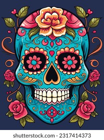 colorful sugar skull adorned with intricate floral patterns, vector illustration