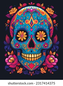 colorful sugar skull adorned with intricate floral patterns, vector illustration