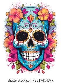 colorful sugar skull adorned with intricate floral patterns, vector illustration