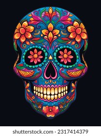 colorful sugar skull adorned with intricate floral patterns, vector illustration