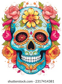 colorful sugar skull adorned with intricate floral patterns, vector illustration