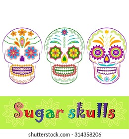 Colorful sugar skull collection. Dia de los Muertos, Day of the Dead sugar skull set isolated on white. Could be used as icons or design elements.