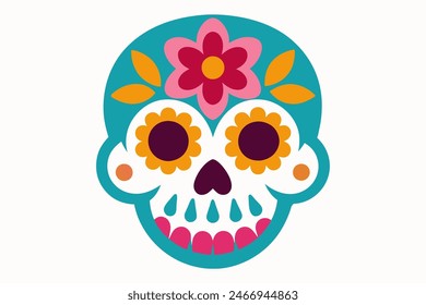 Colorful sugar skull with floral designs for Day of the Dead. Isolated on white backdrop. Concept of Dia de los Muertos, Halloween, sugar skull, celebration, Mexican tradition