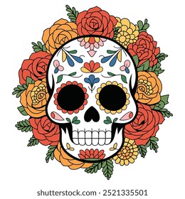 Colorful Sugar Skull with Flowers Illustration