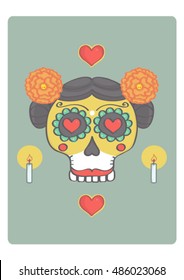 Colorful sugar skull for halloween or mexican day of the dead. Vector illustration of female skull with mexican style decorations.