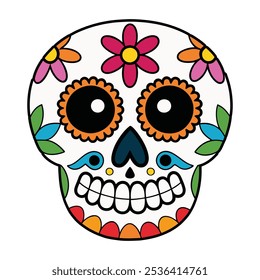 Colorful sugar skull illustration for day of the dead celebrations, Mexican sugar skull illustration with colorful patterns