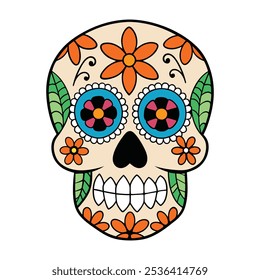 Colorful sugar skull illustration for day of the dead celebrations, Mexican sugar skull illustration with colorful patterns