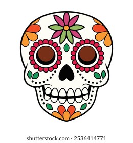Colorful sugar skull illustration for day of the dead celebrations, Mexican sugar skull illustration with colorful patterns