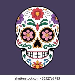 Colorful sugar skull illustration on a purple background