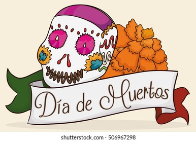 Colorful sugar skull with a marigold behind a greeting ribbon like Mexican flag for "Dia de Muertos" (translate from Spanish: "Day of the Dead").