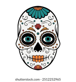 Ilustración vectorial de máscara de calavera de azúcar colorida. Día tradicional de los muertos, arte calavera con patrones florales y ornamentales