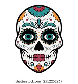 Ilustración vectorial de máscara de calavera de azúcar colorida. Día tradicional de los muertos, arte calavera con patrones florales y ornamentales