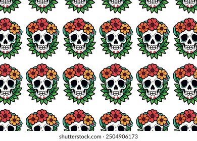 Colorful sugar skull pattern with floral elements, perfect for Dia de los Muertos themed projects, wallpapers, and apparel. Bold, vivid colors with a cheerful, celebratory vibe