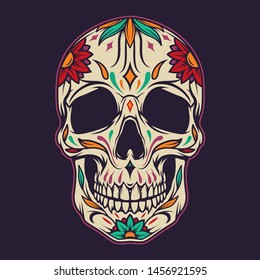 Colorful sugar skull template with floral pattern in vintage style isolated vector illustration