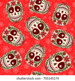 Colorful sugar skulls with doodle ornament seamless pattern. Day of the dead