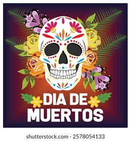 Colorful sugar skulls like bright flowers, celebration of Dia de los Muertos, a traditional Mexican holiday to honor the deceased with artistic and cultural expressions. 