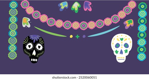 Colorful Sugar Skulls and Marigolds for the Day of the Dead Celebration. Celebrate the vibrant traditions of Día de los Muertos with this stunning image featuring intricate sugar skulls and marigolds.