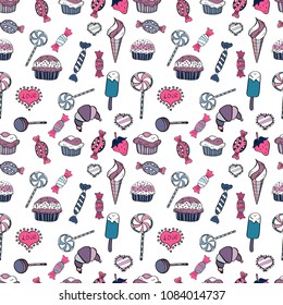 Colorful sugar sprinkle, candy or bakery design on a white, black and pink background. Bright seamless vector confetti party pattern.