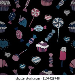 Colorful sugar sprinkle, candy or bakery design on a black, blue and white background. Bright seamless vector confetti party pattern.