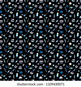 Colorful sugar sprinkle, candy or bakery design on a white, blue and black background. Bright seamless vector confetti party pattern.