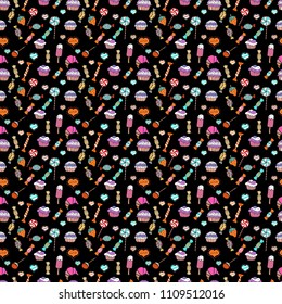 Colorful sugar sprinkle, candy or bakery design on a black, white and orange background. Bright seamless vector confetti party pattern.