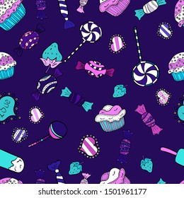 Colorful sugar sprinkle, candy or bakery design on a black, blue and white background. Bright seamless vector confetti party pattern.